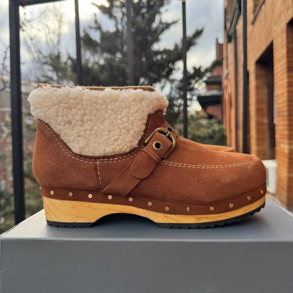 New Free People Oak Clog Boots Brown Suede Buckle Cream Sherpa Platform Shoes - Picture 10 of 14